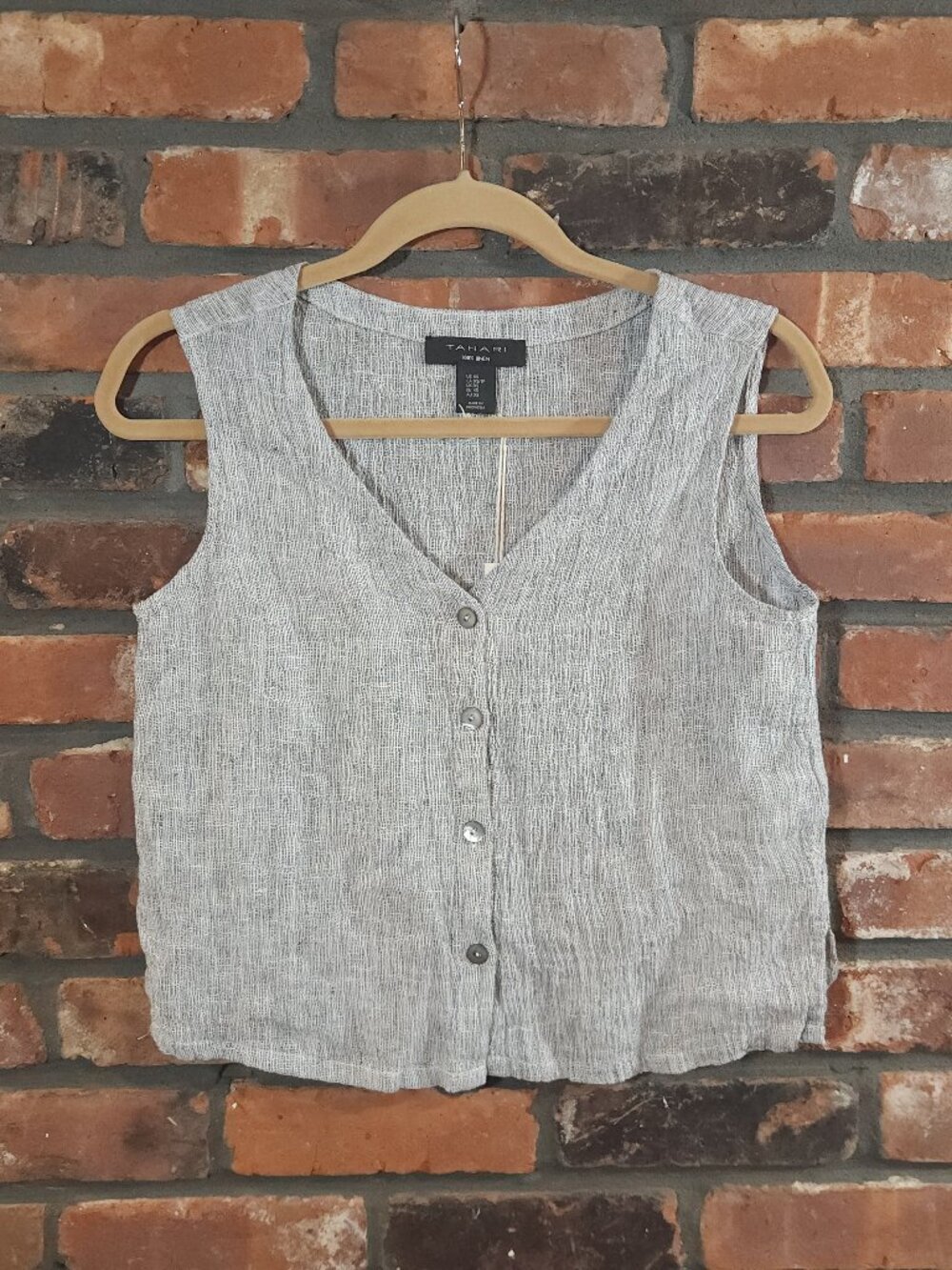 Tahari 100% Linen Gray Textured V-neck Vest Coastal Quiet Luxury Women's XS NWT - Picture 2 of 7